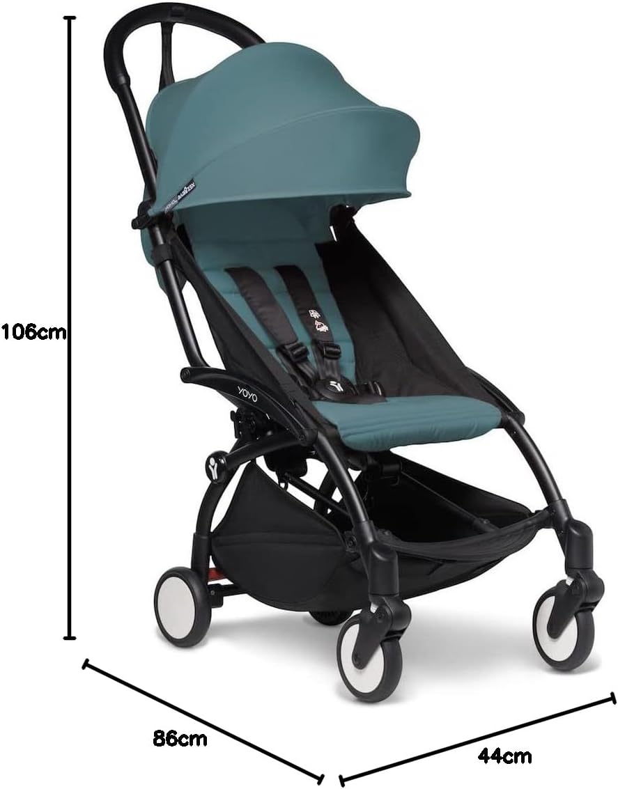 Poussette BABYZEN YOYO2 6+ (Cadre noir + pack couleur Aqua) - Comprend un harnais, un dossier, des arceaux de capote, une bandoulière, un coussin d’assise, et une capote assortie