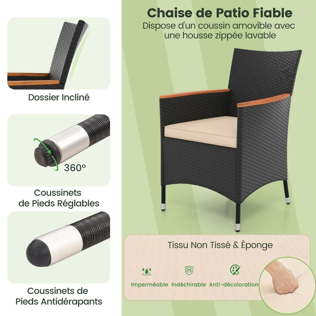 Salon de Jardin en Rotin 9 Pièces Plateau de Table en Acacia Ensemble de Salle à Manger avec Coussins Amovibles Trou Charge 180KG Beige+Noir