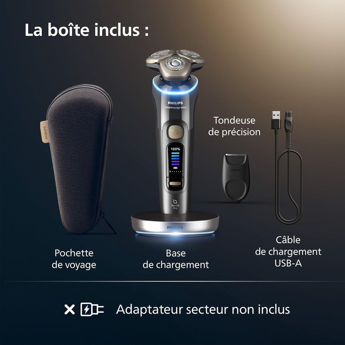 Philips Rasoir i9000 Prestige Ultra, Rasoir électrique 100% étanche, Technologie Skin IQ Pro, Système Triple Lift & Cut, Lames de précision NanoTech rotatives 360°, 5 modes de rasage, XP9401/38