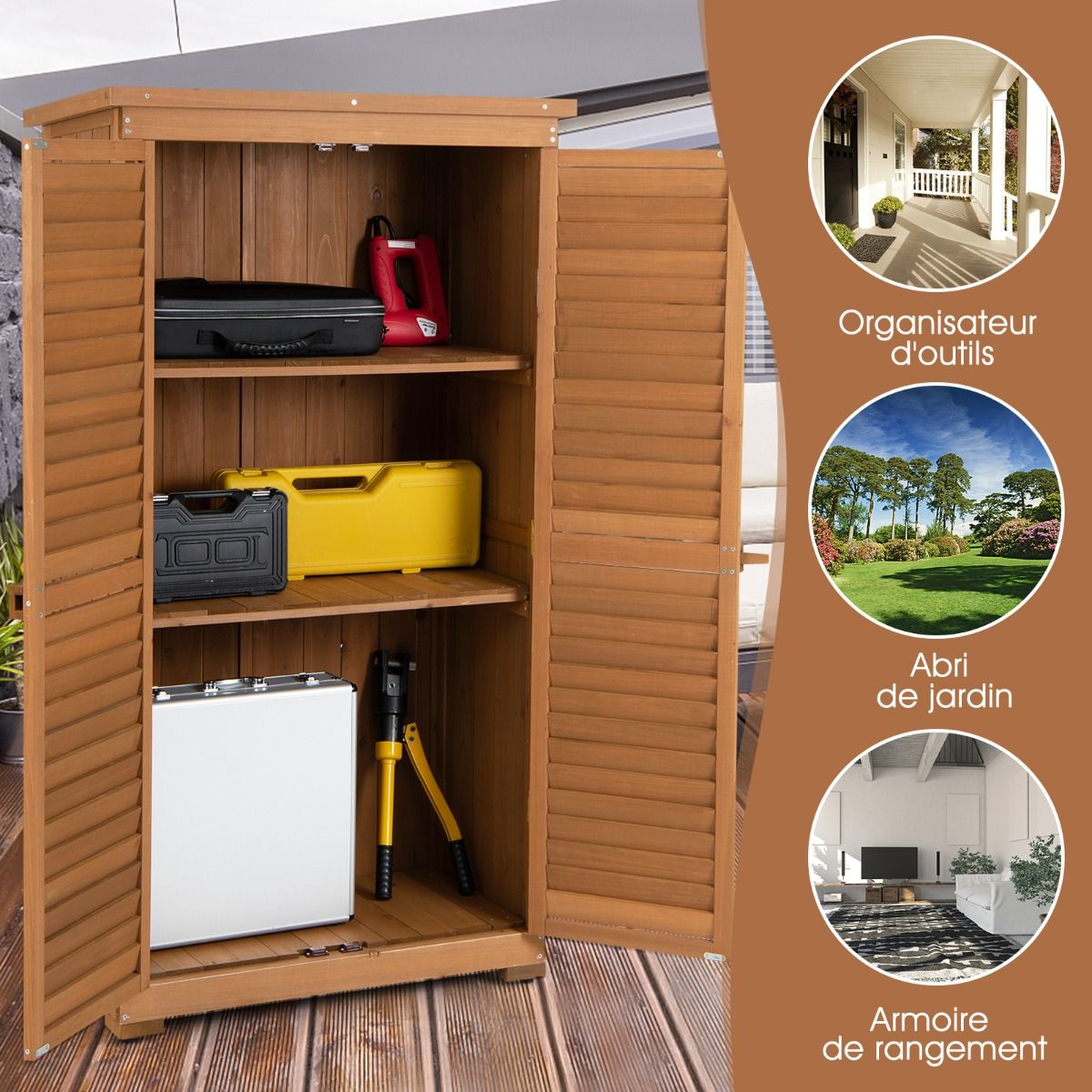 Abri de Jardin En Bois 160 Cm Toit en Asphalte 2 Portes Verrouillables avec Loquet Armoire Cabane en Sapin Pré-Huilé Imperméable 3 étagères Amovibles Naturel