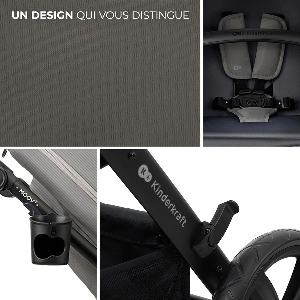 Kinderkraft MOOV2 Poussette 3 en 1, Système de voyage de la naissance à 27 kg, Siège auto Mink PRO I-Size inclus, Capote extensible avec filtre UPF50+, Accessoires pratiques, Gris
