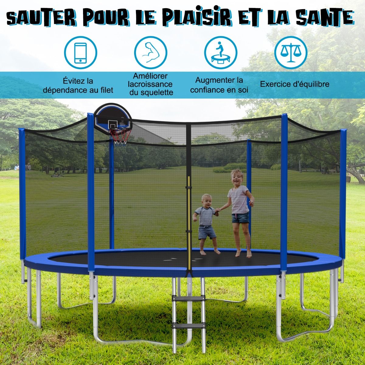 Trampoline d'Extérieur ?366 cm Trampoline avec Panier de Basket Filet de Protection Trampoline pour Enfants et Adultes