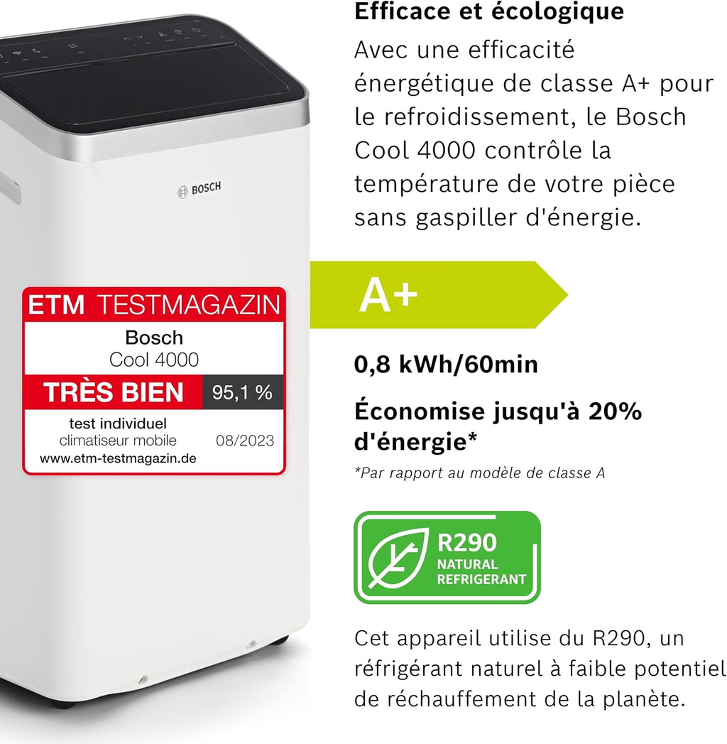 Bosch Cool 4000 Portable AC - 3 en 1 : Climatiseur, Déshumidificateur, Ventilateur - 2,6 kW pour les pièces jusqu'à 35m2 - Avec Mode Auto, Mode Silencieux et Mode Veille (48 db (A)) [Classe A+]