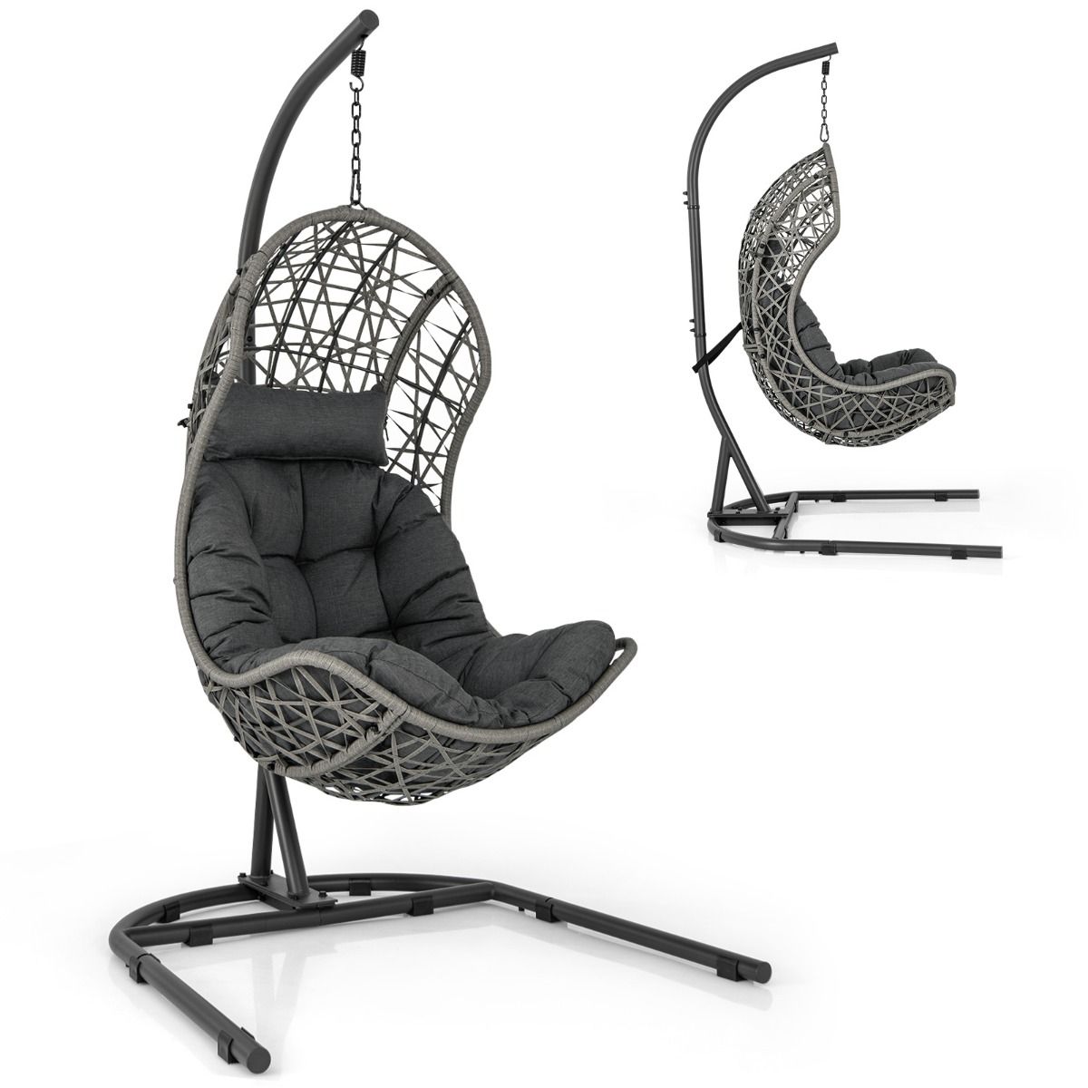 Chaise Oeuf en Rotin PE avec Support avec Oreiller et Coussin Chaise Suspendue avec Accessoires de Suspension Capacité 160 Kg Gris