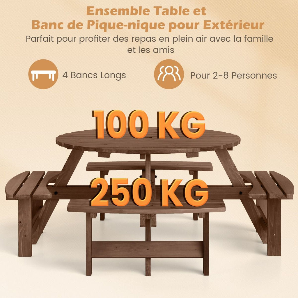 Ensemble Table de Pique-Nique en Bois pour 2 à 8 Personnes Set Table et Banc Circulaire avec 4 Bancs Intégrés Trou de Parasol de 5cm Marron/Jaune