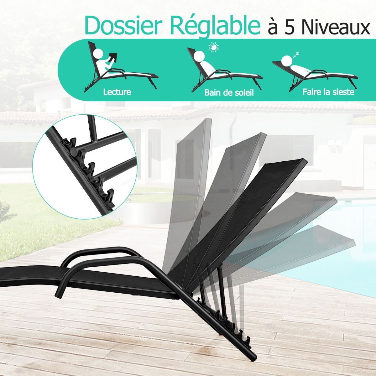 Lot de 2 Bains de Soleil Inclinables d'Extérieur avec Accoudoirs et Dossier Réglable à 5 Positions Charge 160 kg Noir