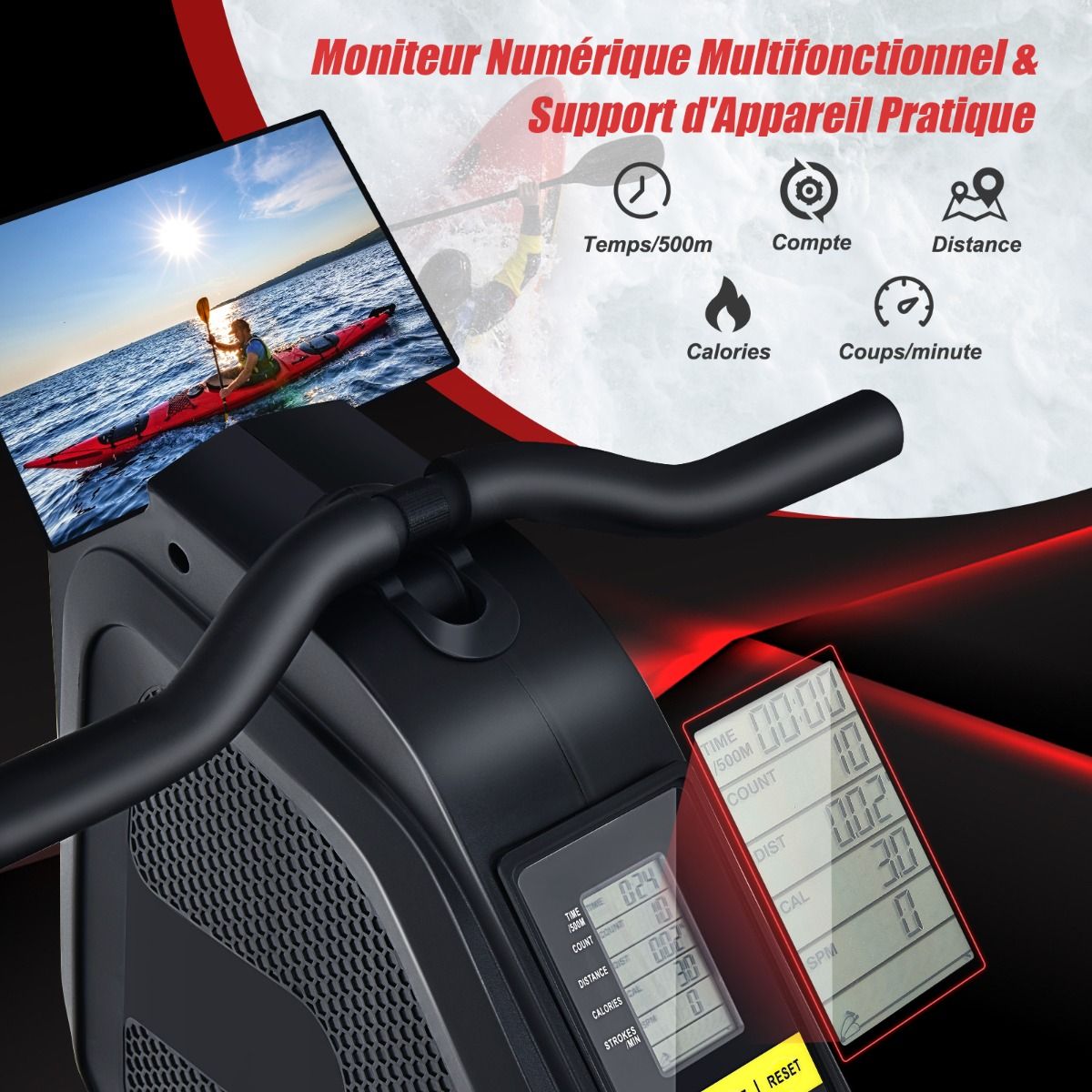 Rameur Magnétique Résistanceà 8 Niveaux Pliable 2 Roues Flexibles Rail Coulissant en Aluminium Ecran LCD Support d'Appareil
