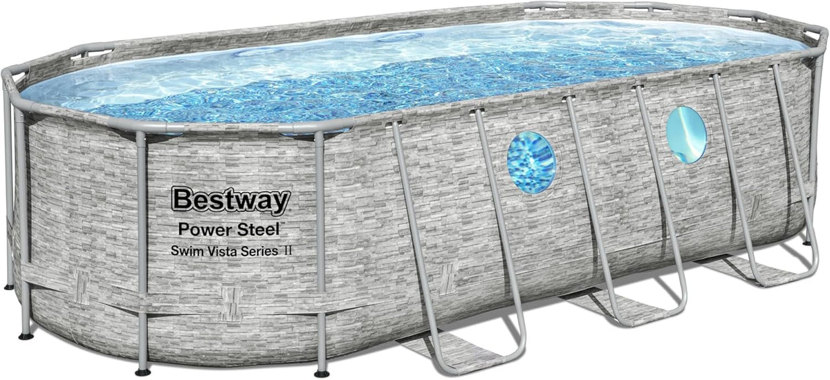 Bestway 56946 Piscine Power Steel? Swim Vista ovale 488 x 305 x 107 cm motif rotin avec hublots, filtration à sable, échelle, bache et diffuseur Chemconnect?