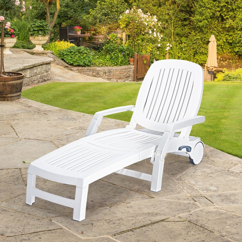 Chaise Longue Inclinable Réglable à 5 Positions avec Roues Flexibles Fauteuil Relax de Camping avec Bo?te de Rangement Charge 150KG Blanc