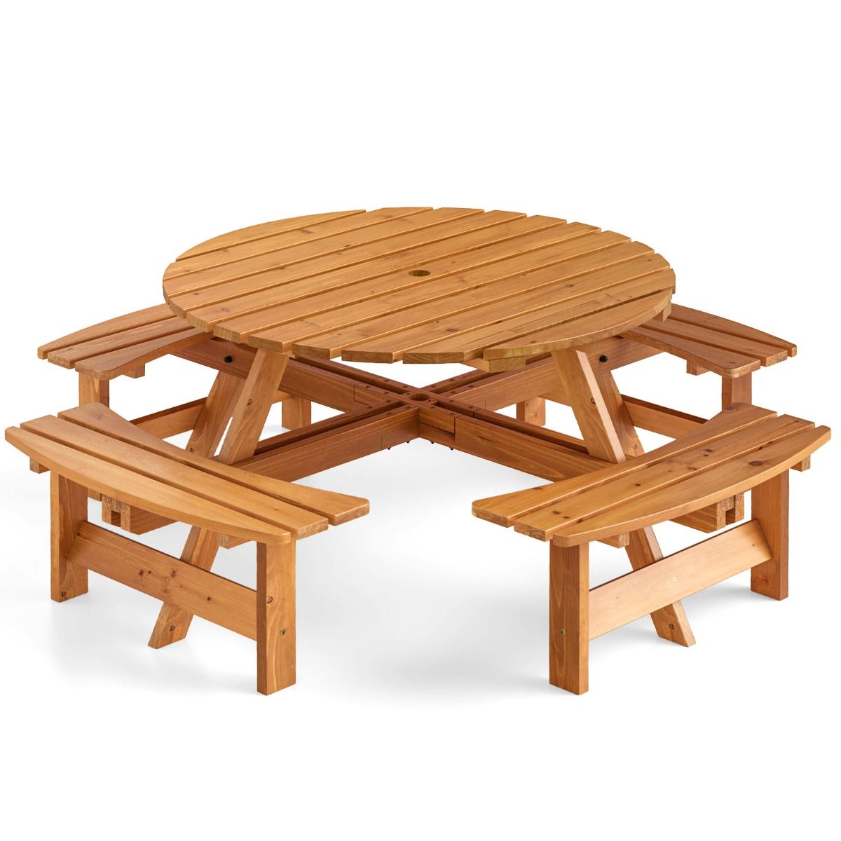 Ensemble Table de Pique-Nique en Bois pour 2 à 8 Personnes Set Table et Banc Circulaire avec 4 Bancs Intégrés Trou de Parasol de 5cm Marron/Jaune