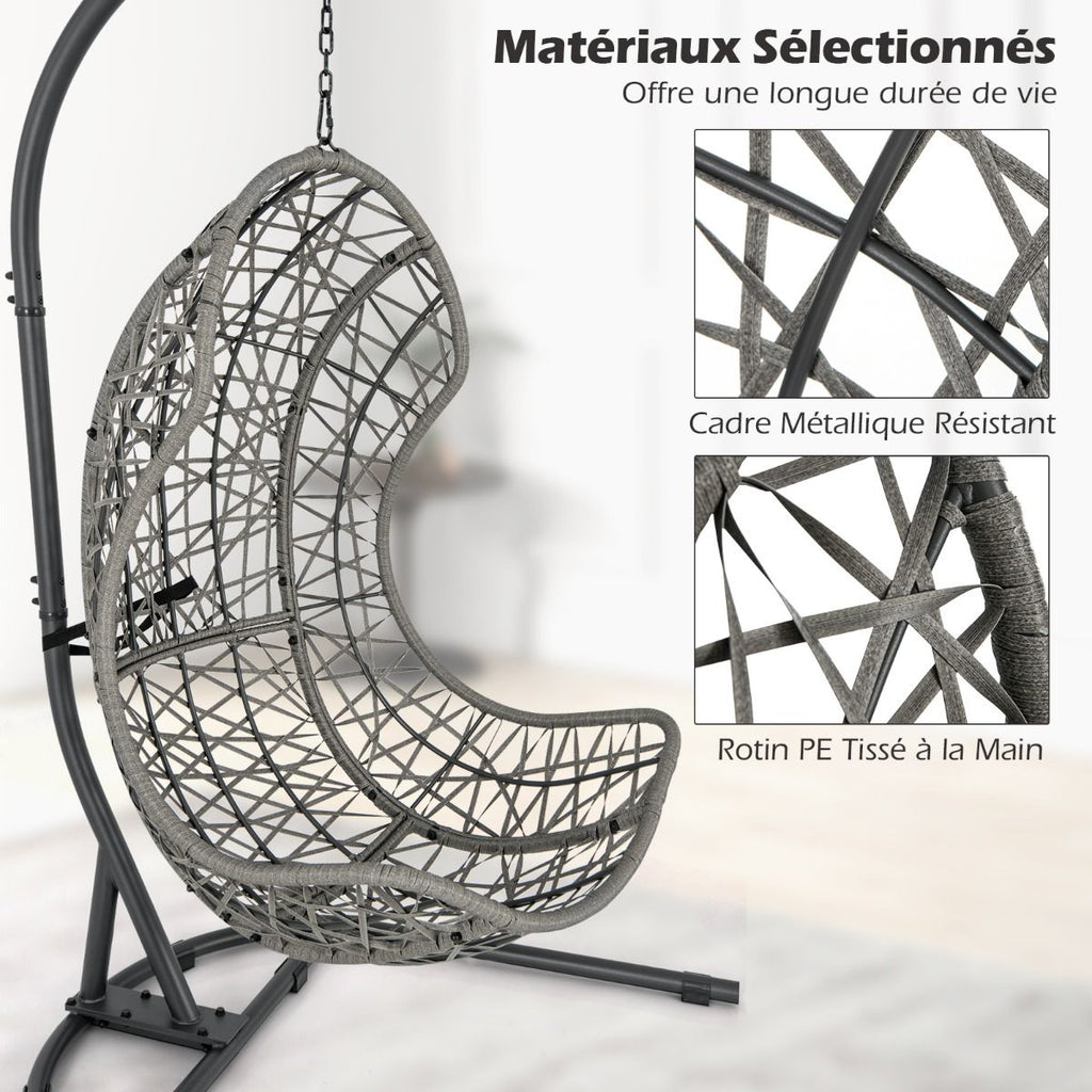 Chaise Oeuf en Rotin PE avec Support avec Oreiller et Coussin Chaise Suspendue avec Accessoires de Suspension Capacité 160 Kg Gris