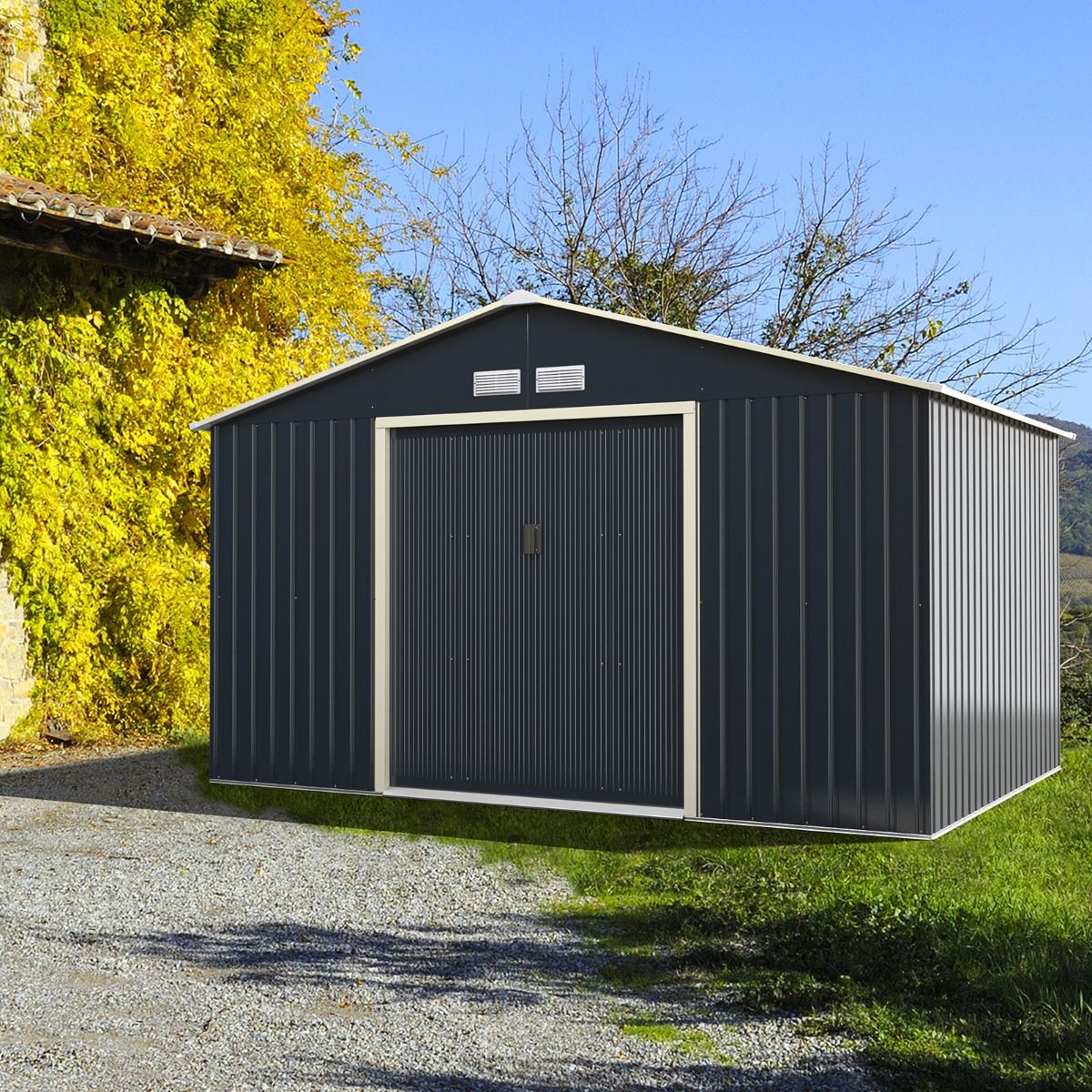 Abri de Jardin en Métal & Extension 10.85©O avec 2 Portes Coulissantes Verrouillables 4 Trous d’Aération Gris pour Vélo