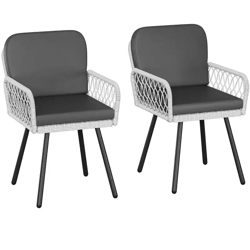 Patio Dining Chairs Set of 2 With Black Metal Frame & White Hand-Woven Rattan, Porch Armchairs With Cushion