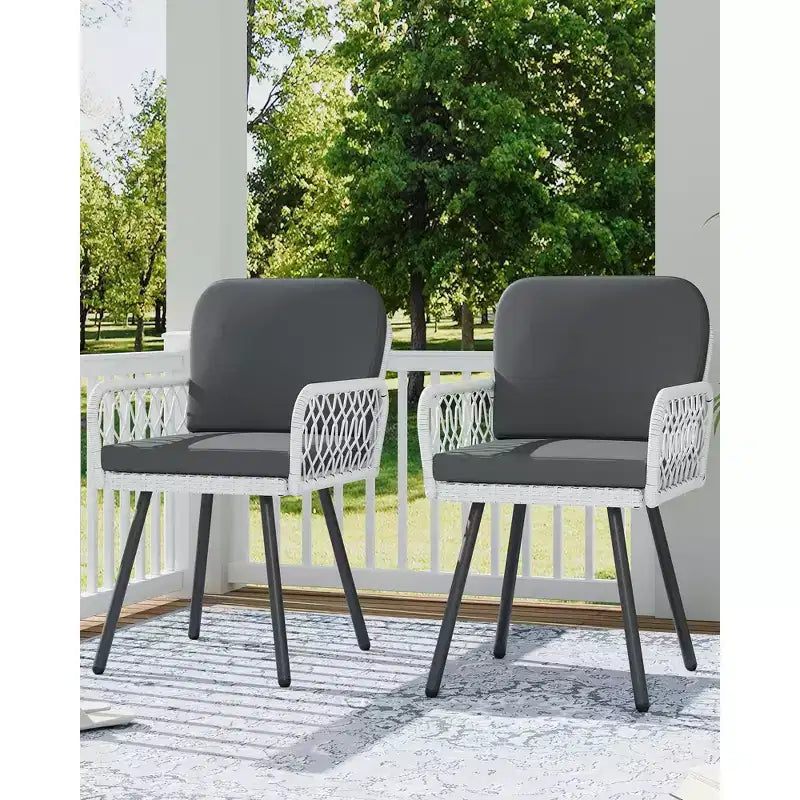 Patio Dining Chairs Set of 2 With Black Metal Frame & White Hand-Woven Rattan, Porch Armchairs With Cushion