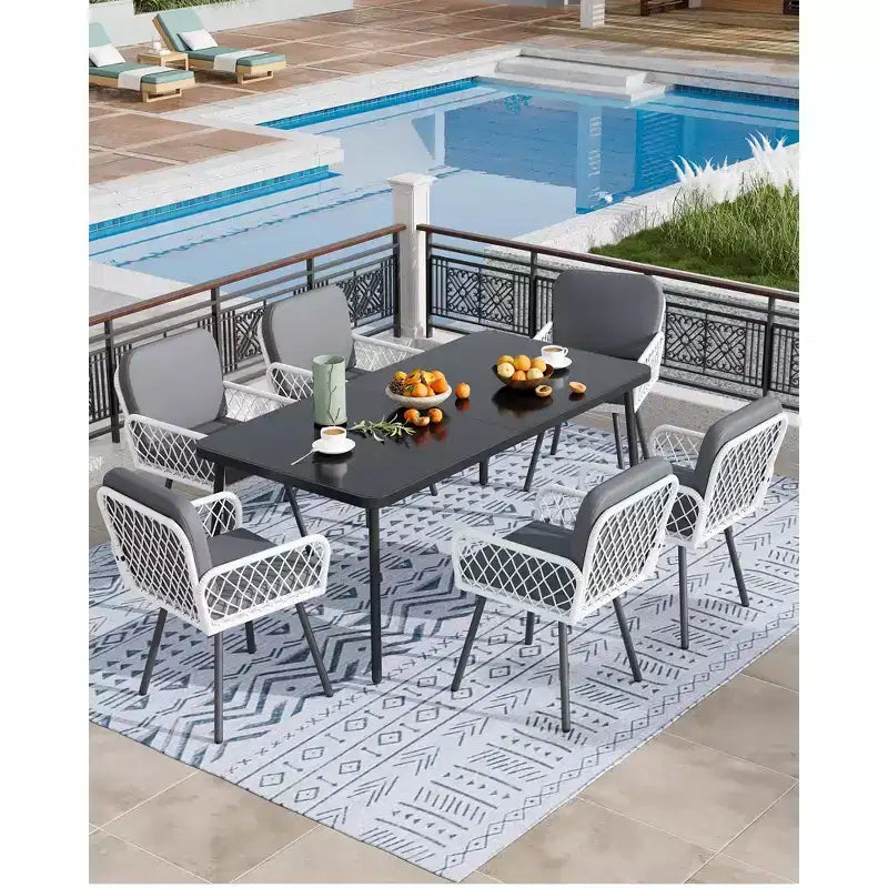 Patio Dining Chairs Set of 2 With Black Metal Frame & White Hand-Woven Rattan, Porch Armchairs With Cushion