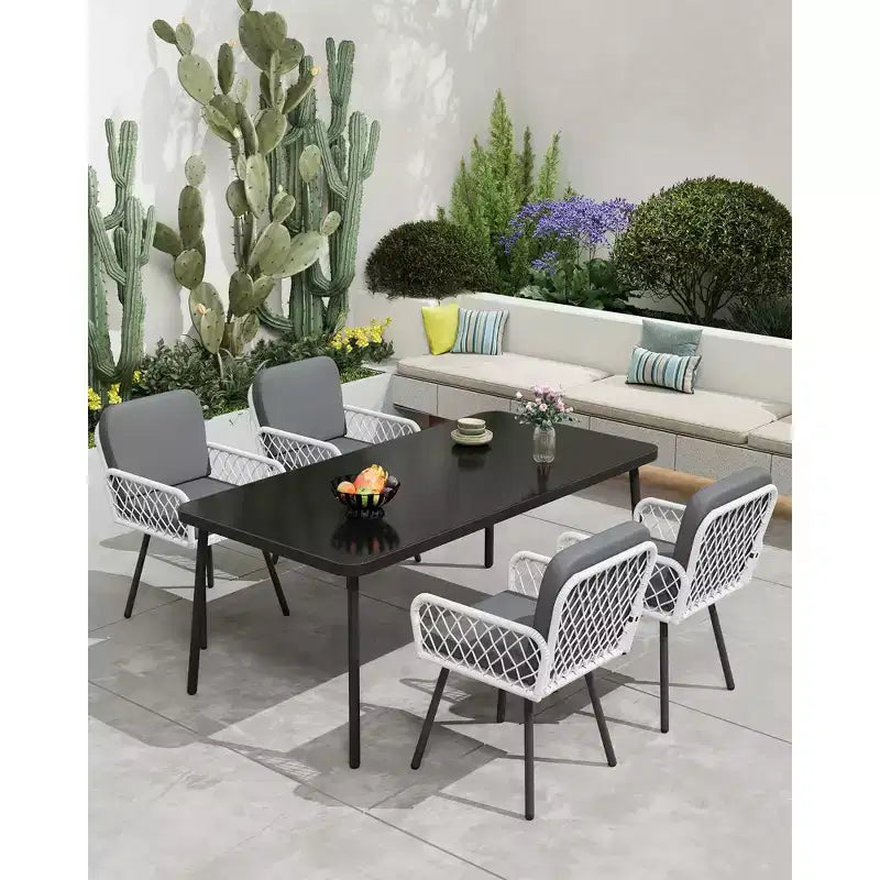 Patio Dining Chairs Set of 2 With Black Metal Frame & White Hand-Woven Rattan, Porch Armchairs With Cushion