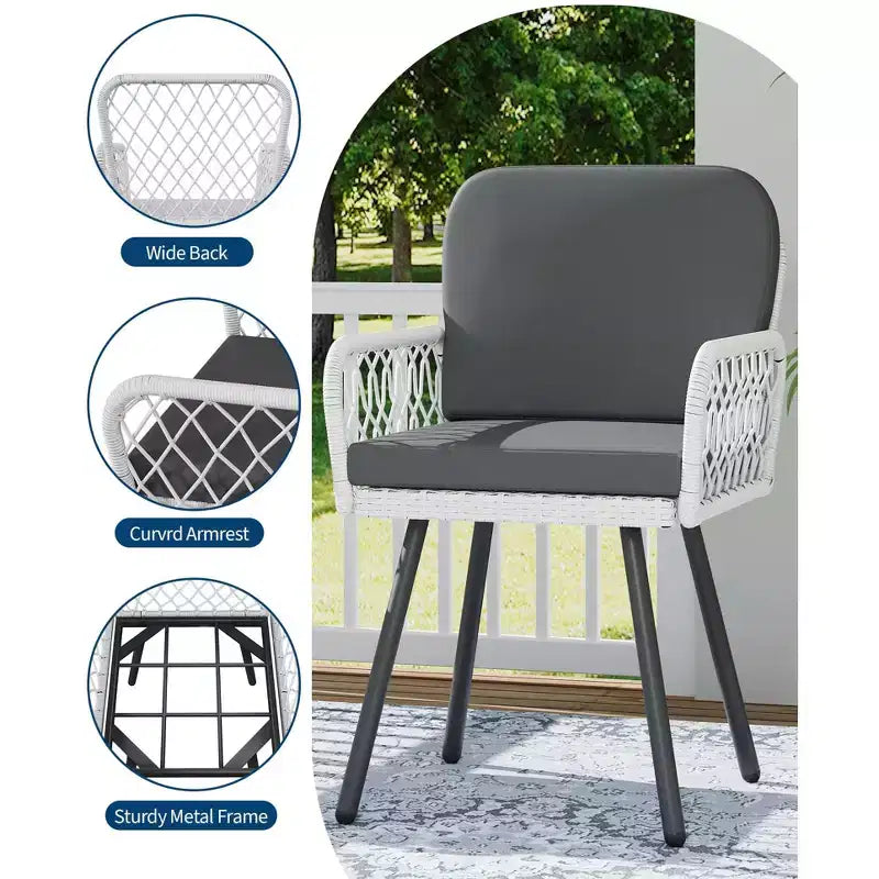 Patio Dining Chairs Set of 2 With Black Metal Frame & White Hand-Woven Rattan, Porch Armchairs With Cushion