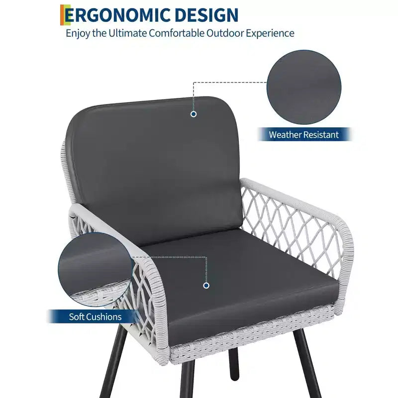 Patio Dining Chairs Set of 2 With Black Metal Frame & White Hand-Woven Rattan, Porch Armchairs With Cushion