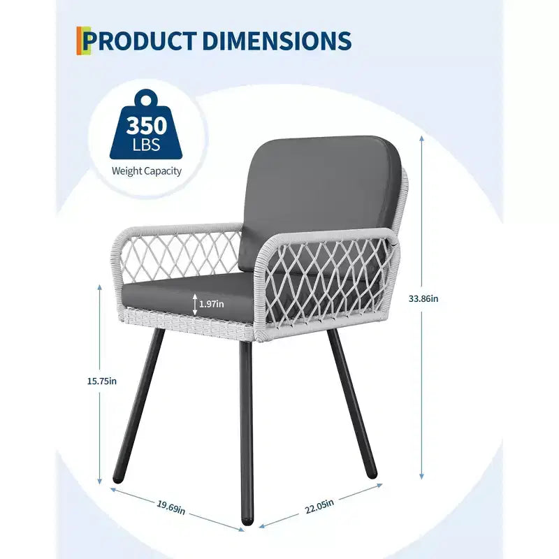 Patio Dining Chairs Set of 2 With Black Metal Frame & White Hand-Woven Rattan, Porch Armchairs With Cushion