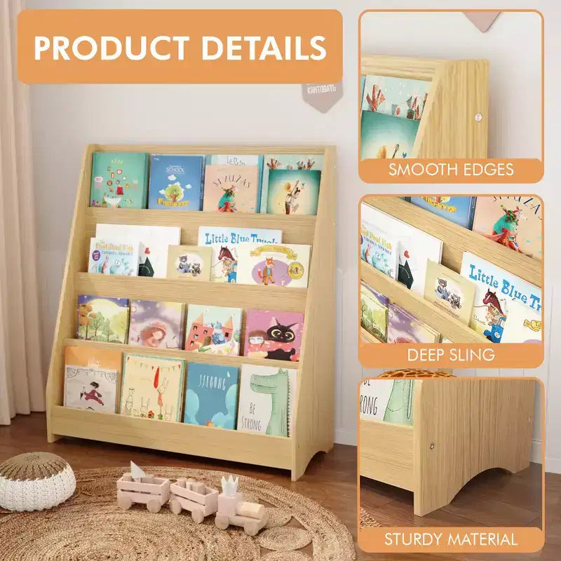 Whisen 4-Tier Kids Bookshelf, Toddler Book Display Shelves, Helps Keep Bedrooms, Playrooms, and Classrooms Organized