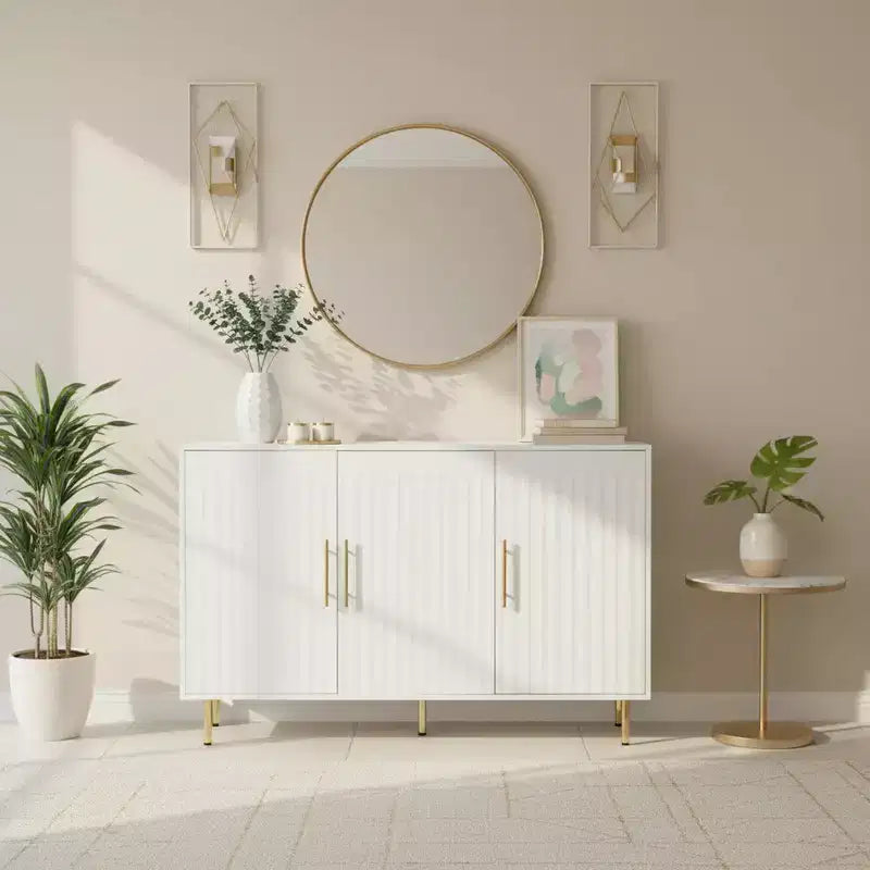 Homy Casa Modern White Accent Cabinet with Fluted Doors and Gold Metal Legs, Storage Sideboard for Living Room