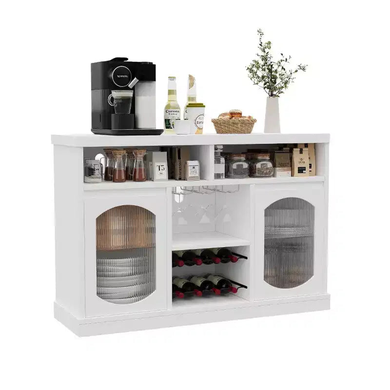 2 Fluted Glass Doors,Adjustable Shelves Kitchen Storage Cabinet with Open Compartments, for Living Room, Dining Room, Hallway