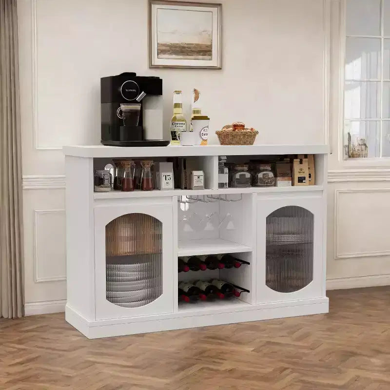2 Fluted Glass Doors,Adjustable Shelves Kitchen Storage Cabinet with Open Compartments, for Living Room, Dining Room, Hallway