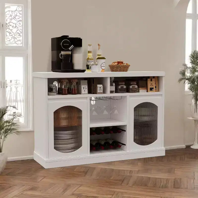 2 Fluted Glass Doors,Adjustable Shelves Kitchen Storage Cabinet with Open Compartments, for Living Room, Dining Room, Hallway