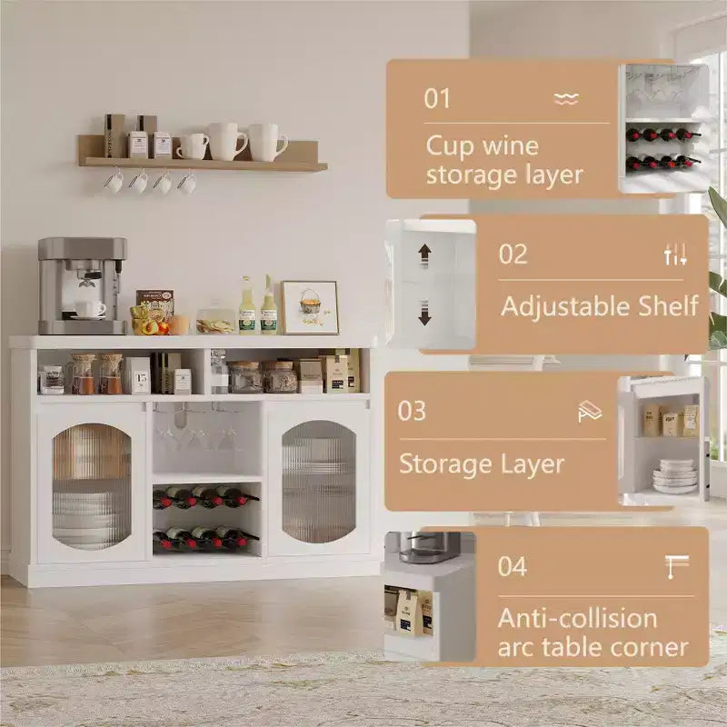 2 Fluted Glass Doors,Adjustable Shelves Kitchen Storage Cabinet with Open Compartments, for Living Room, Dining Room, Hallway
