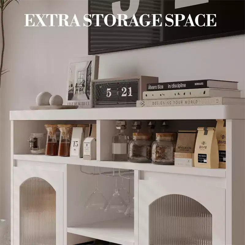 2 Fluted Glass Doors,Adjustable Shelves Kitchen Storage Cabinet with Open Compartments, for Living Room, Dining Room, Hallway