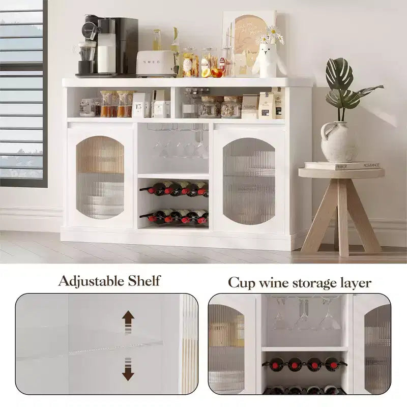 2 Fluted Glass Doors,Adjustable Shelves Kitchen Storage Cabinet with Open Compartments, for Living Room, Dining Room, Hallway