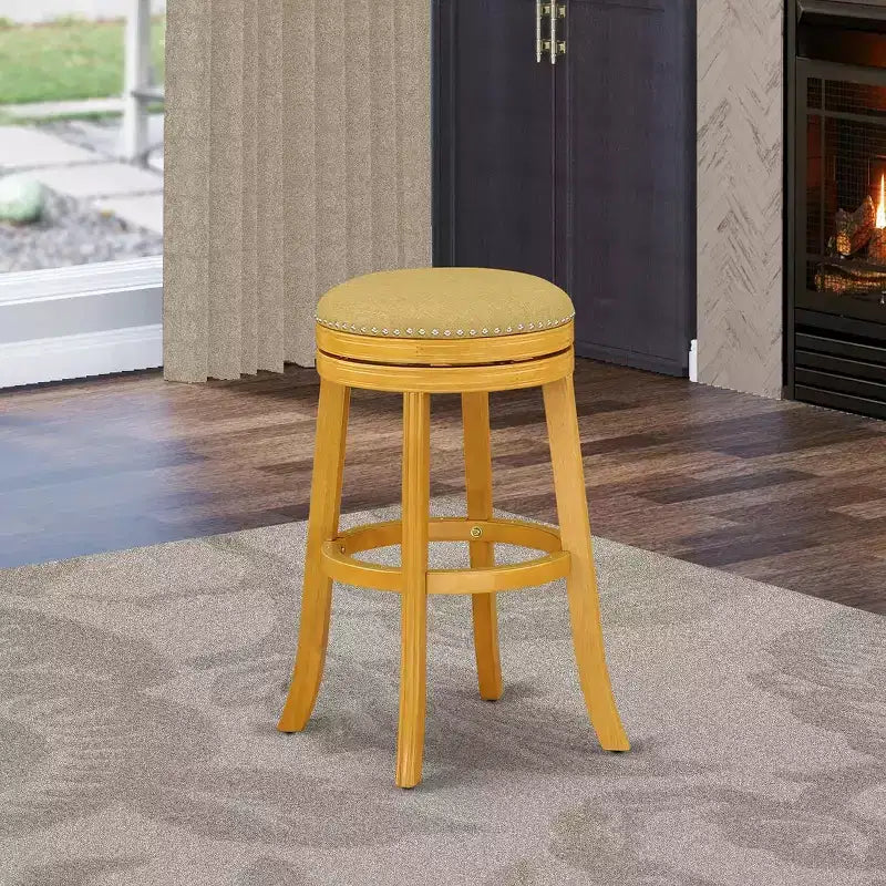 HomeStock 30 in.H Gold Finish Backless Wooden Counter Barstool in Round Shape with Faux Leather Upholstered