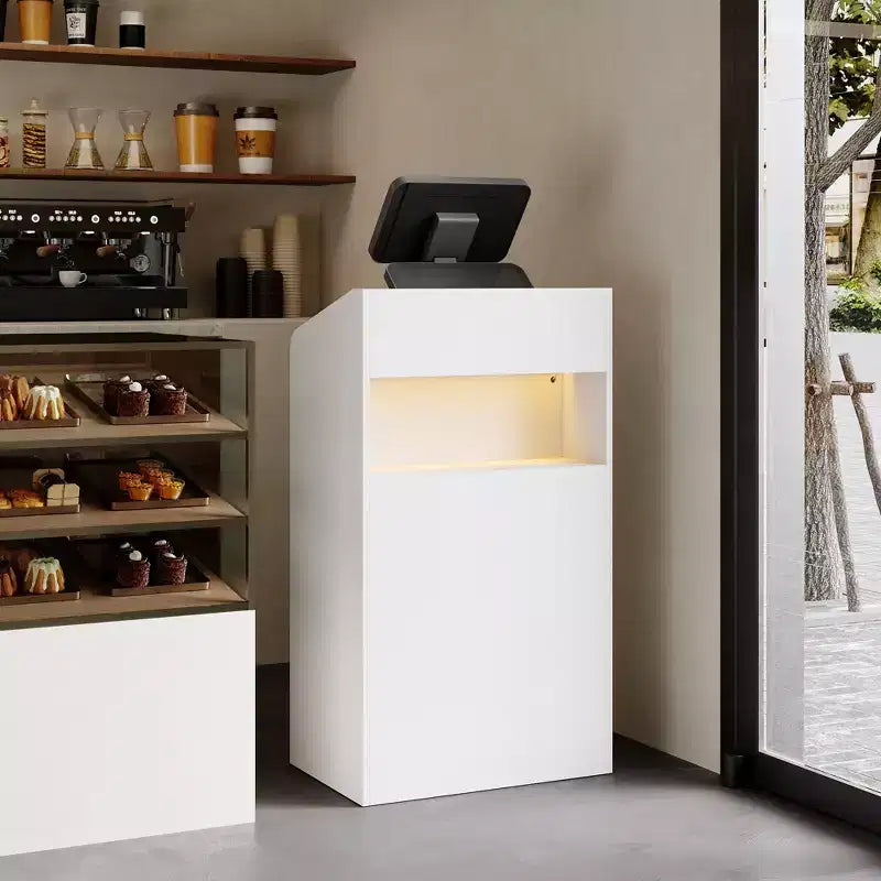 Famapy White Modern Reception Desk,3-Color Lighting,Smart Storage+Cable Management,Compact Design for Cafes & RetailCheckout Counter+Display Hub