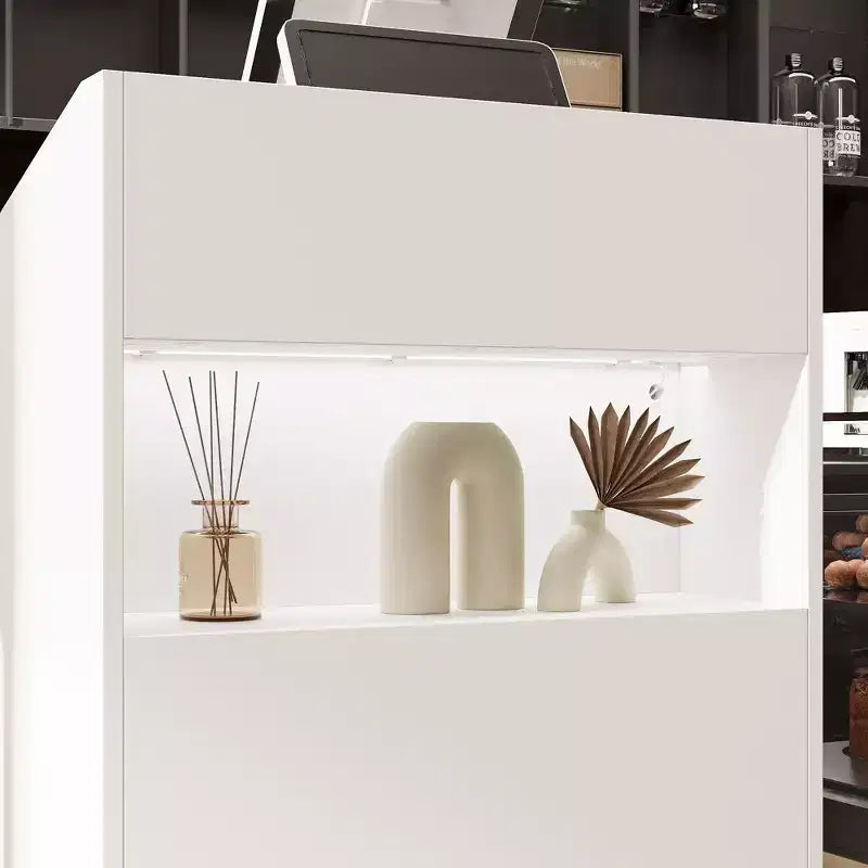 Famapy White Modern Reception Desk,3-Color Lighting,Smart Storage+Cable Management,Compact Design for Cafes & RetailCheckout Counter+Display Hub