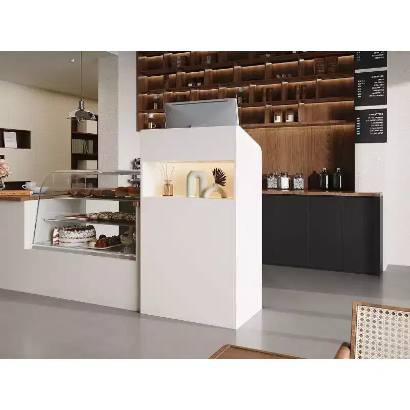Famapy White Modern Reception Desk,3-Color Lighting,Smart Storage+Cable Management,Compact Design for Cafes & RetailCheckout Counter+Display Hub