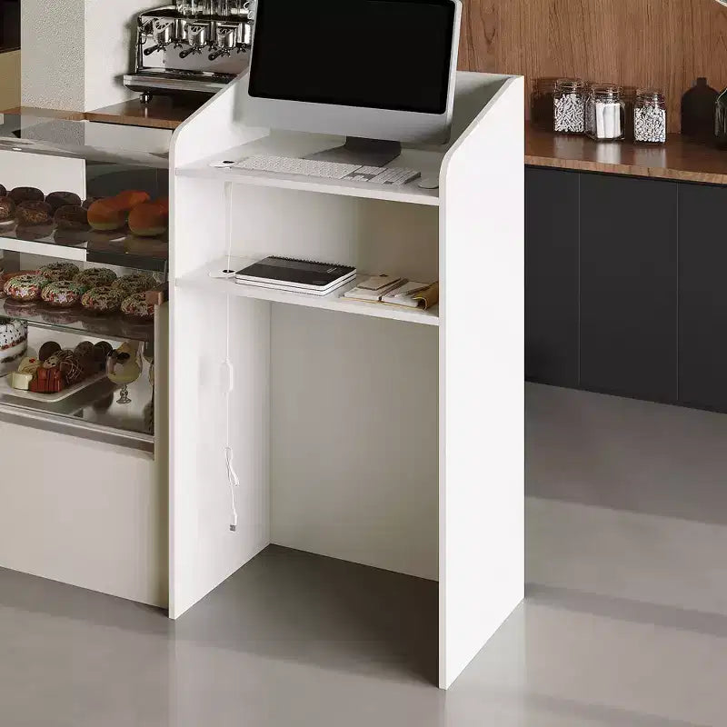 Famapy White Modern Reception Desk,3-Color Lighting,Smart Storage+Cable Management,Compact Design for Cafes & RetailCheckout Counter+Display Hub