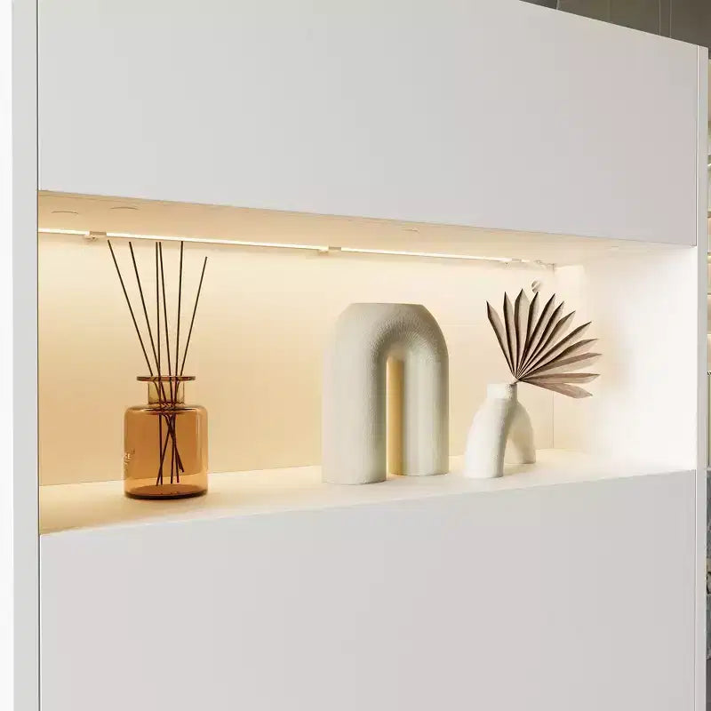 Famapy White Modern Reception Desk,3-Color Lighting,Smart Storage+Cable Management,Compact Design for Cafes & RetailCheckout Counter+Display Hub