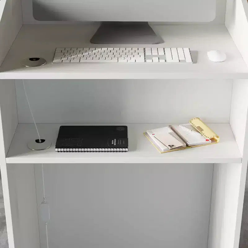 Famapy White Modern Reception Desk,3-Color Lighting,Smart Storage+Cable Management,Compact Design for Cafes & RetailCheckout Counter+Display Hub
