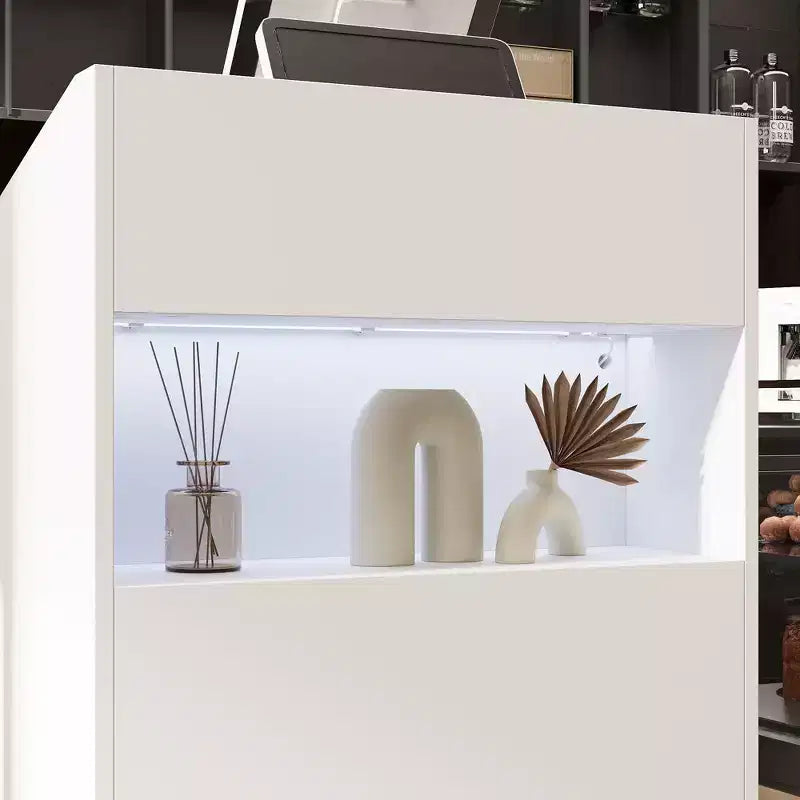 Famapy White Modern Reception Desk,3-Color Lighting,Smart Storage+Cable Management,Compact Design for Cafes & RetailCheckout Counter+Display Hub
