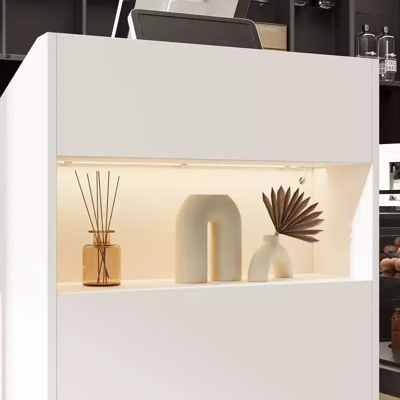 Famapy White Modern Reception Desk,3-Color Lighting,Smart Storage+Cable Management,Compact Design for Cafes & RetailCheckout Counter+Display Hub