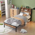 Okak Twin Size Bed Frame with Storage Headboard, Metal Platform Bed with Charging Station and Bookcase Storage for Bedroom, Black