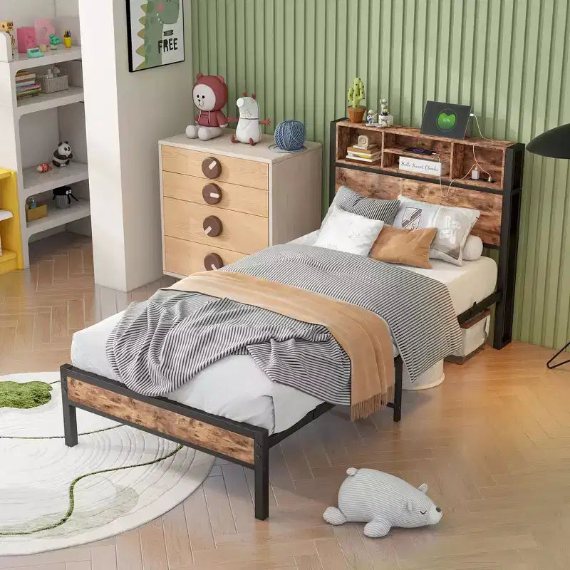 Okak Twin Size Bed Frame with Storage Headboard, Metal Platform Bed with Charging Station and Bookcase Storage for Bedroom, Black