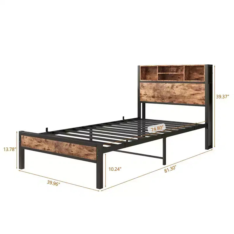 Okak Twin Size Bed Frame with Storage Headboard, Metal Platform Bed with Charging Station and Bookcase Storage for Bedroom, Black