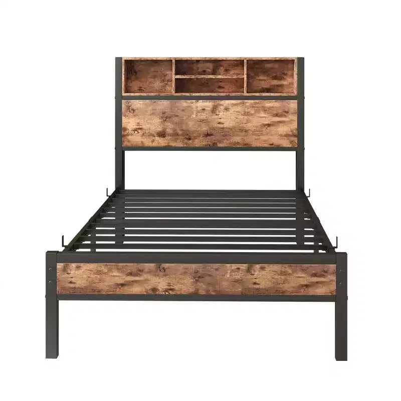 Okak Twin Size Bed Frame with Storage Headboard, Metal Platform Bed with Charging Station and Bookcase Storage for Bedroom, Black