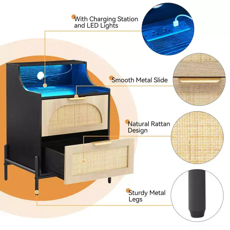 Nightstand with 2 Wicker Storage Drawers, Modern Bedside Table, Sturdy Wood Legs, Rattan Accent Side Table for Living Room, Large Storage Surface