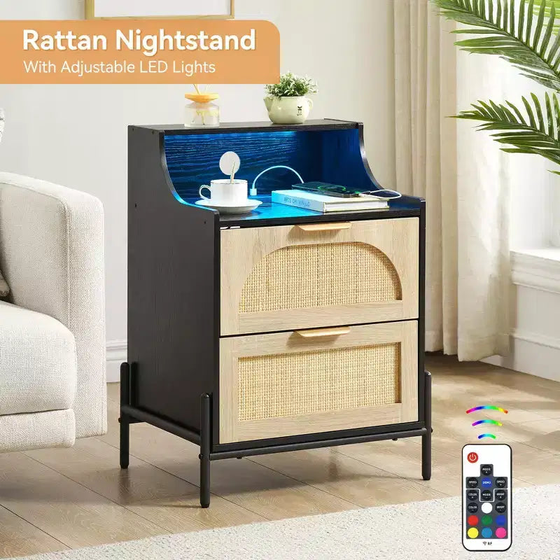 Nightstand with 2 Wicker Storage Drawers, Modern Bedside Table, Sturdy Wood Legs, Rattan Accent Side Table for Living Room, Large Storage Surface