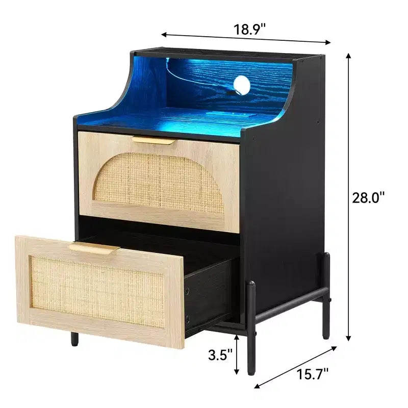 Nightstand with 2 Wicker Storage Drawers, Modern Bedside Table, Sturdy Wood Legs, Rattan Accent Side Table for Living Room, Large Storage Surface