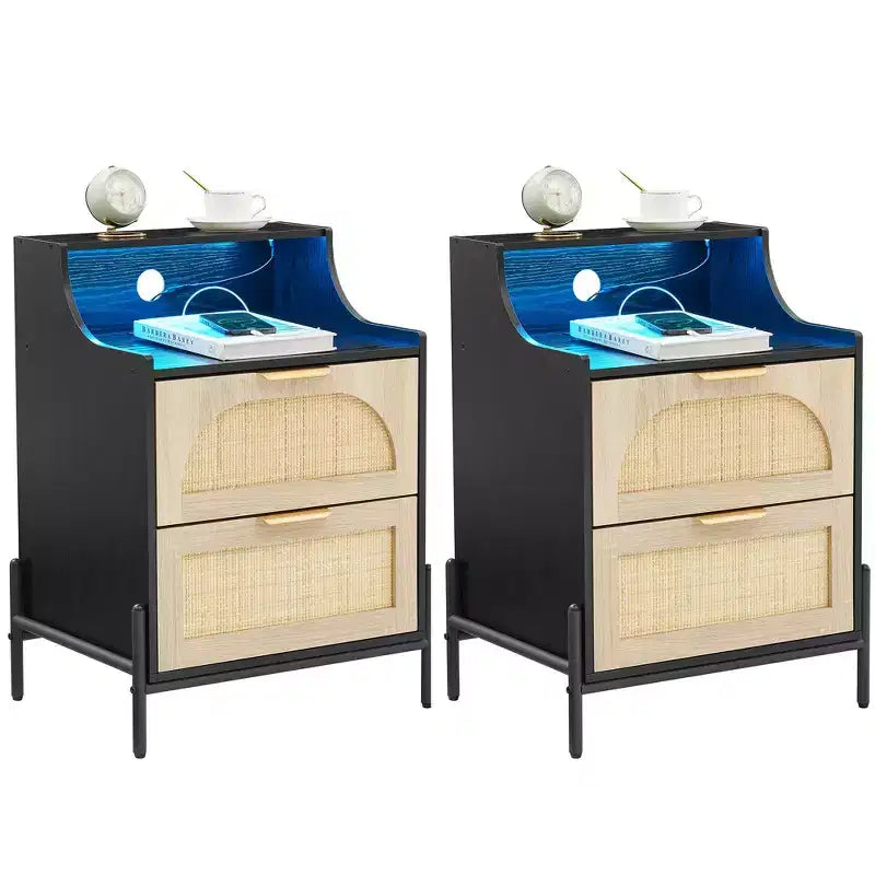 Nightstand with 2 Wicker Storage Drawers, Modern Bedside Table, Sturdy Wood Legs, Rattan Accent Side Table for Living Room, Large Storage Surface
