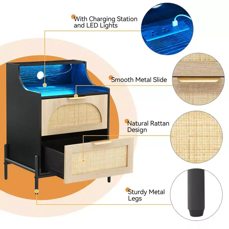 Nightstand with 2 Wicker Storage Drawers, Modern Bedside Table, Sturdy Wood Legs, Rattan Accent Side Table for Living Room, Large Storage Surface