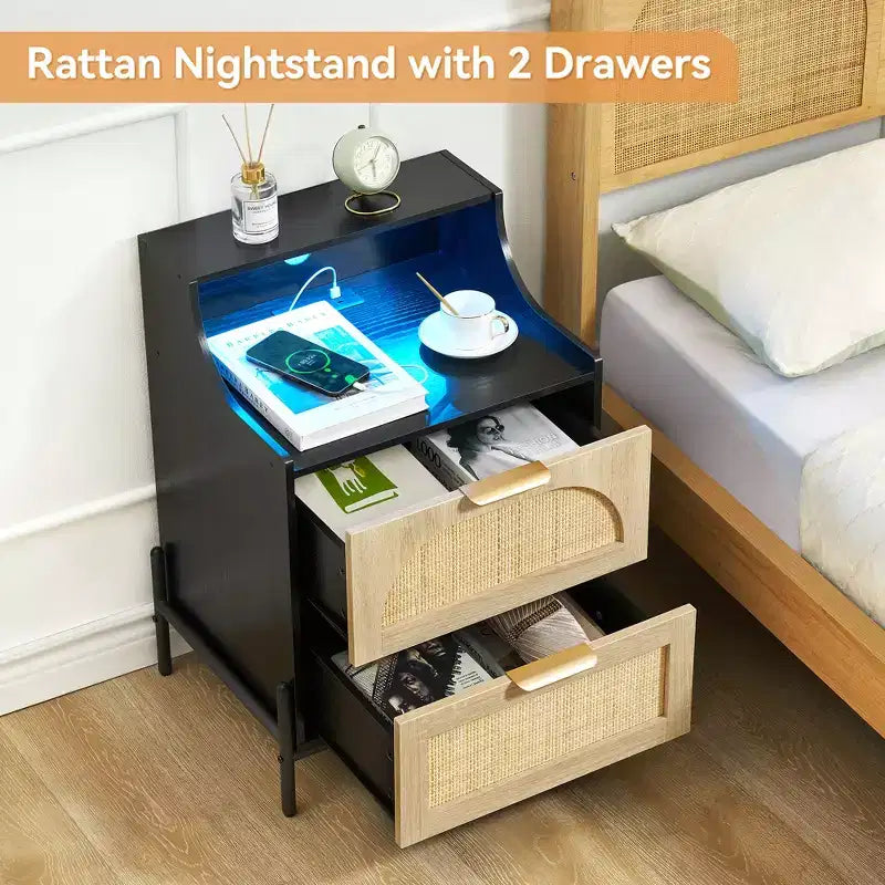 Nightstand with 2 Wicker Storage Drawers, Modern Bedside Table, Sturdy Wood Legs, Rattan Accent Side Table for Living Room, Large Storage Surface